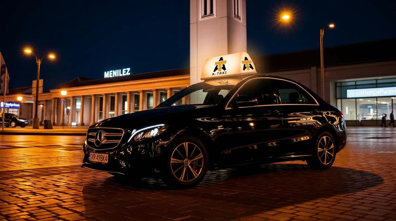 A-Taxi Mercedes met verlichte daklamp voor Antwerpen-Centraal bij nacht